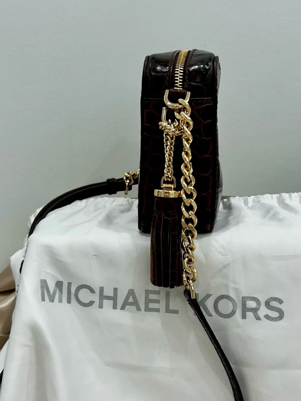 Michael Kors Croc-Embossed Leather Crossbody in Deep Brown with Gold Hardware